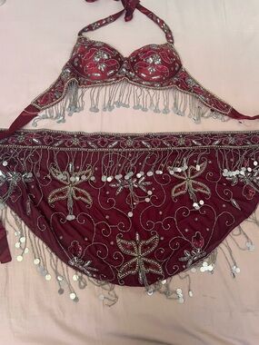 Burgundy Butterfly Sequin Fringe Bralette and Skirt Set